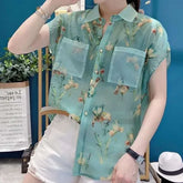 Elegant Korean Turn-Down Collar Shirt with Pockets – Women's Summer Blouse - Himpall